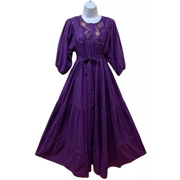 Vintage Embroidered Purple Prairie Muumuu Ethnic Boho Midi Dress Oversized M